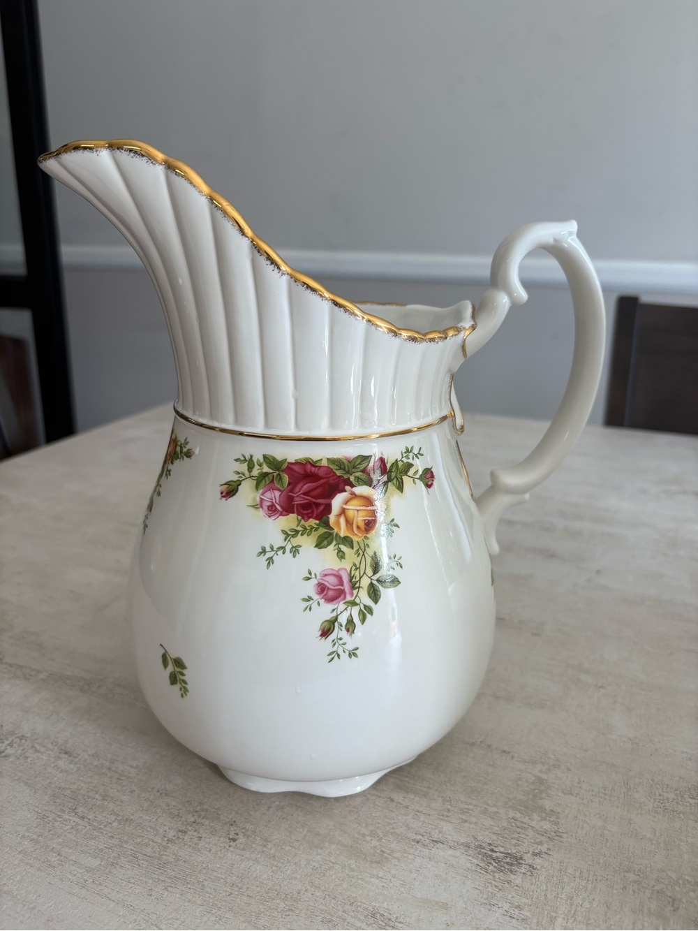 Royal Albert White Pitcher with Pink and Yellow Rose Motif and Gold Trim